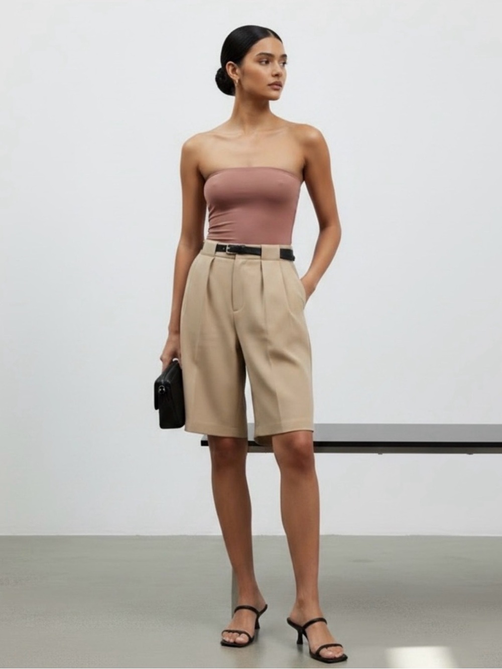 Khaki Knee Length Belted Tailored Slant Pocket Shorts